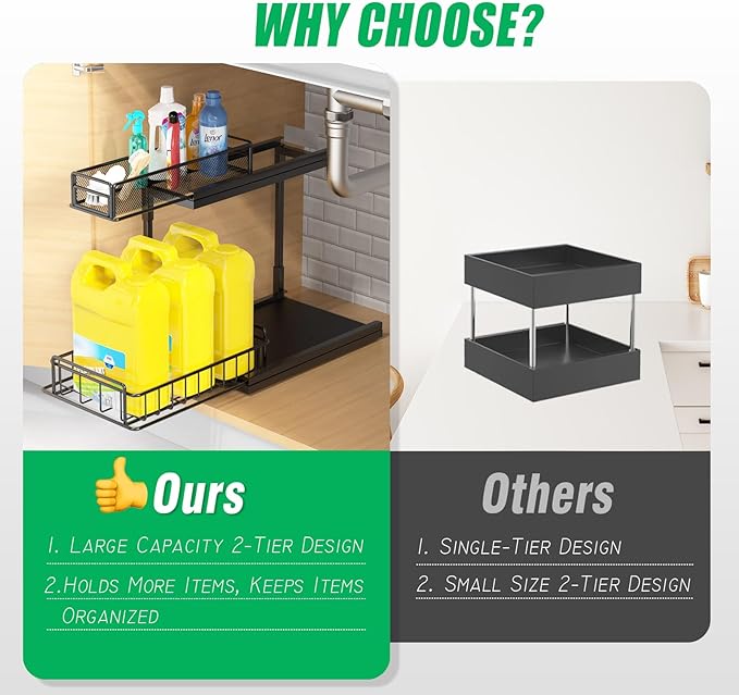 Under Kitchen Sink Pull Out Organizer, Pull Out Under Cabinet Organizer with 2 Tier for Kitchen Bathroom, Home Kitchen Storage Organization, Black, 2 Pack