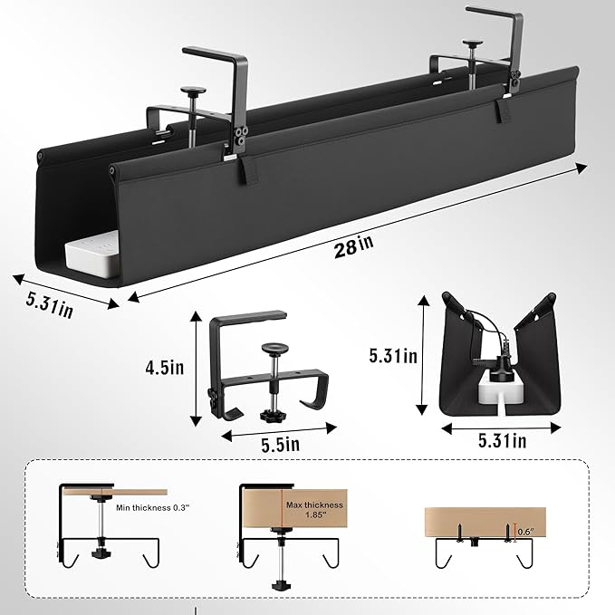 Desk Cable Management Tray, Fabric Cable Organizer, No Drill Large Clamp/Screw Mount Wire Organizer-Support Up to 30lbs, Standing Desk Cable Management for Office Home (Black,28 Inch)