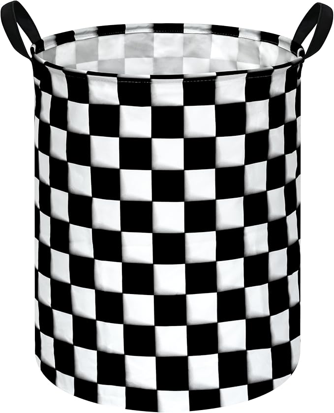 KUNRO Round Black-white Checker Laundry Gift Basket Storage Hamper, Clothes Storage Organizer Bins, Shelf Basket with Handles for Room Decor