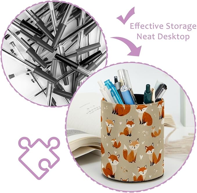 Faux Leather Pen Holder for Desk, Pencil Organizer Cute Fox Pen Cup Desk Decor Makeup Brush Holder Storage for Office Home