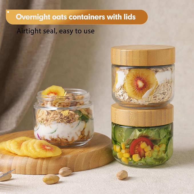 6pcs Glass Overnight Oats Containers with Lids, 10oz Storage Containers | Glass Storage for Dry Food, Jars with Bamboo Lids for Yogurt & Salad, Portable for Picnic & Lunch