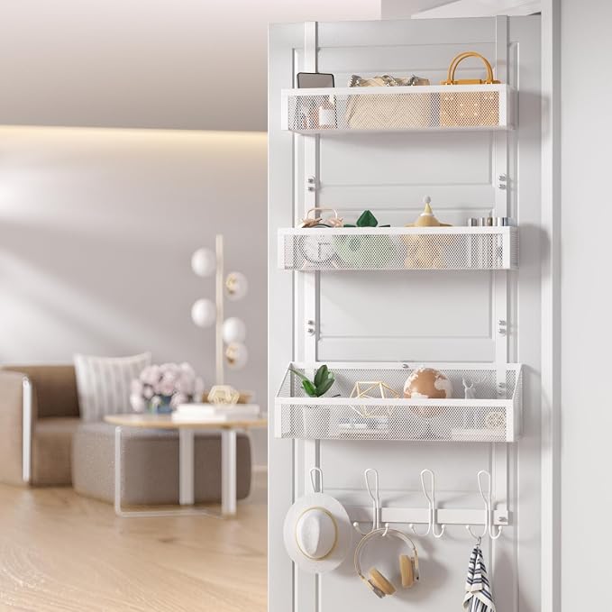 Over Door Hook Organizer 12 Hook Over The Door Organizer with 3 Mesh Baskets - Back of Door Storage Towel Rack Space Saving Storage Organizer for Bedroom, Bathroom, Kitchen, Pantry, White