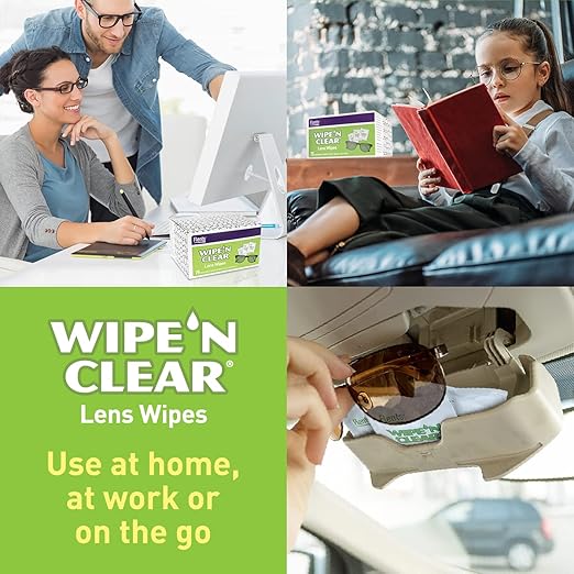 Flents Wipe ’N Clear Biodegradable Lens Wipes, 225 Count Pre-Moistened Eyeglass Cleaner Wipes for Glasses, Screens, and Lenses, Anti-Streak, Quick Dry, Individually Wrapped