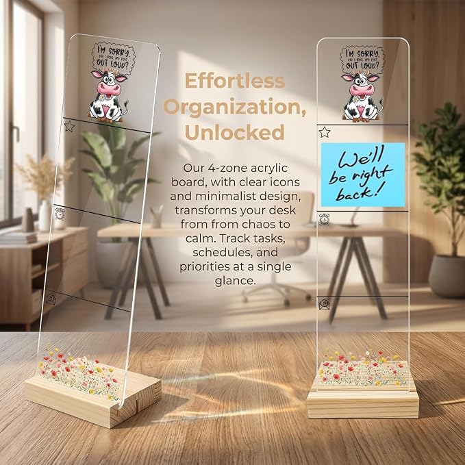 Sticky Note Holder, Monitor Memo Board, Acrylic Post It Note Holder with Wooden Base, Includes 200 Notes, Desk Organizer, Funny Cow Quote “Did I Roll My Eyes Out Loud”