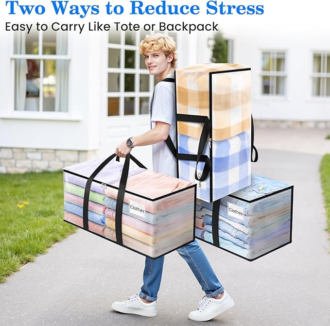 BlissTotes 6-Pack Large Moving Bags with Backpack Straps & Strong Zippers, Heavy-Duty Storage Bags Moving Boxes for Space Saving, Dorms, Transport, 93L-25 Gallons, Clear
