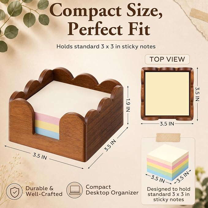 AceOrbit Scalloped Wooden Sticky Note Holder, 3x3 Inch Cute Notepad Holder Sticky Note Dispenser with Wave Design, Thick Desk Organizer for Office, Home, Dorm, Classroom Desk
