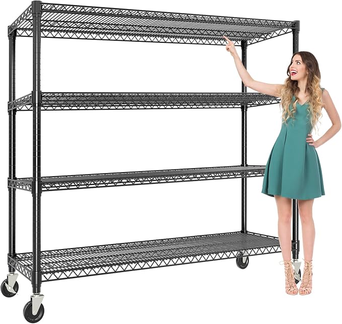 59"W Storage Shelves 2640LBS Heavy Duty Garage Shelving Units with Wheels, 4-Tiers Wire Shelving Rack Metal Storage Shelves with Adjustable Shelf, for Garage Pantry Kitchen Commercial Industrial