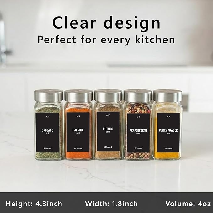 Deco haus Glass Spice Jars with Label 24 x 4oz [LABELS incl] Spice Containers with 280 Labels, Shaker Lids, Funnel & Chalk Marker - Empty Herb Seasoning Containers, Small Seasoning Bottles for Herb