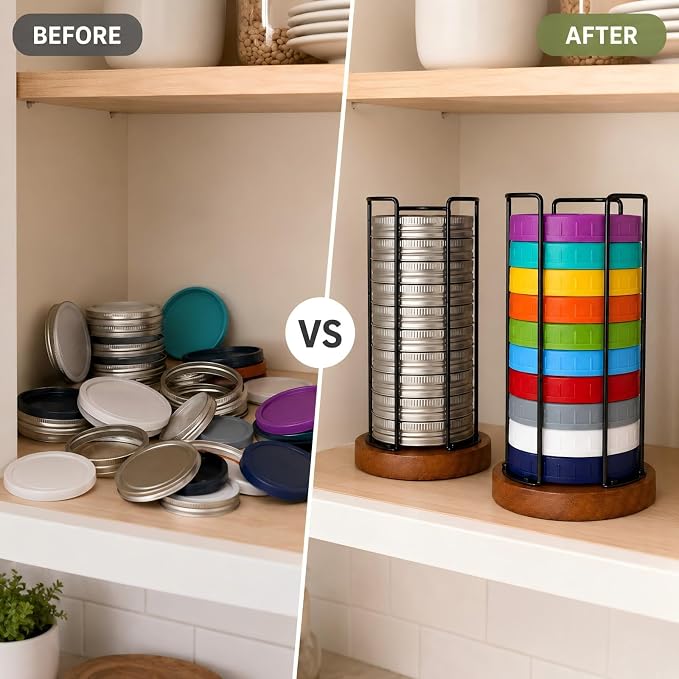 2 Pack Mason Jar Lid Organizer, Adjustable Cup Lid Holder for Cabinet & Countertop, Detachable Lid Storage Rack for Stanley, YETI, Simple Modern and Water Bottle Lids
