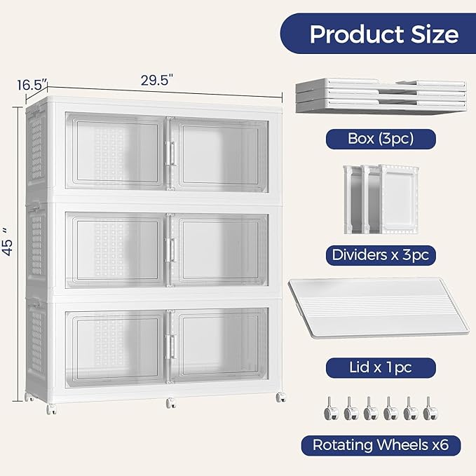 120Gal Stackable Storage Bins with Lid, 480Qt Extra Large Collapsible Storage Box with Wheels, Dividers, Folding Plastic Cabinet Closet Organizers for Home Kitchen Office Dorm, 3Pack White