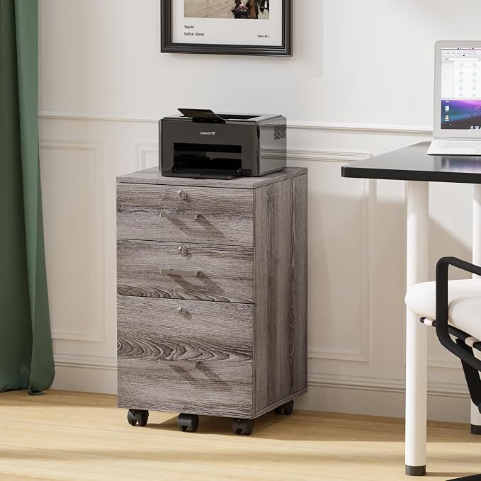 VINGLI 3-Drawer File Cabinet with Lock, Wood Rolling Filing Cabinets for Home Office, Mobile Printer Stand, Under Desk File Organizer for Letter Sized Files, 26" H(Caster Included),Gray Oak