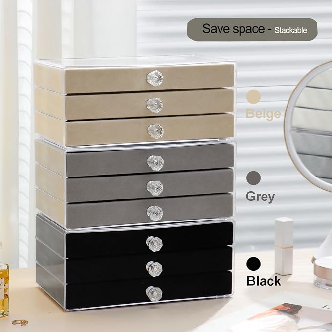 SPAKOWN Ring Box Display Holder, Clear Velvet Jewelry Storage Tray Organizer for Ring Stud Earring (Black, 5 Drawers)