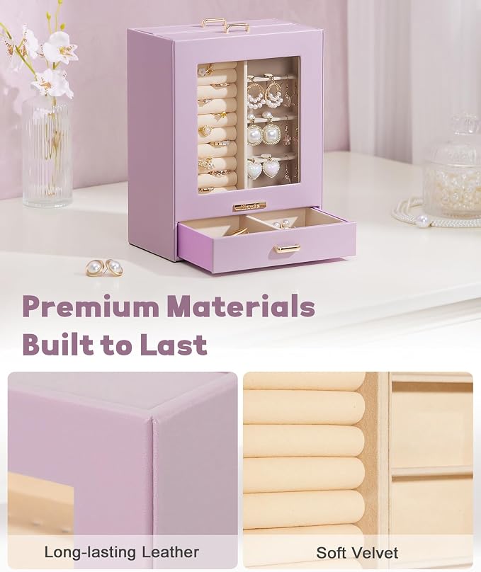 Homde Display Jewelry Box for Girls: Starter Organizer with Clear Window | Vertical Drawers for Earrings Rings Necklaces - Compact Footprint Fits Small Vanities - Birthday&Graduation Gift for Teens