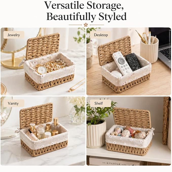 1PC Woven Storage Basket with Lid for Closet Shelf-Khaki Small | Bathroom, Closet & Shelf Storage Basket, Sewing & Towel Basket, Blanket & Toy Storage, Woven Basket with Liner
