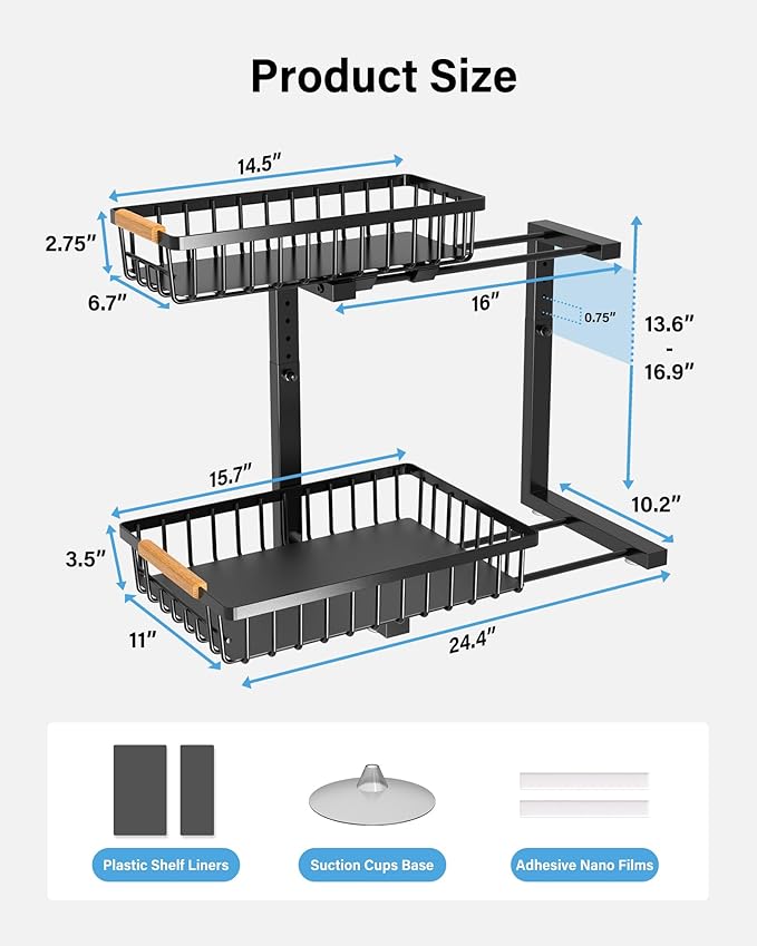 Under Sink Organizer Storage for Families: Pull Out Storage Undersink Organizers Drawer Cabinet - Sliding 2 Tier Rack Metal Organization Under Counter Kitchen Bathroom for Homemakers(Black,2 Pack)
