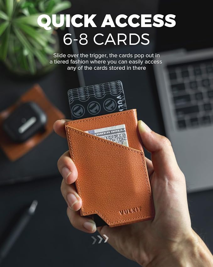 VULKIT Pop up Card Wallet Genuine Leather RFID Blocking Slim Aluminum Metal Bank Card Holder Case with Business Money Pocket for Credit Cards Notes and Coins Brown