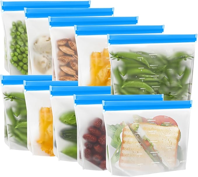 IDEATECH Reusable Sandwich Bags Dishwasher Safe, Quart Freezer Bags Stand Up, Leakproof & BPA Free Reusable Storage Bags for Food Storage, Home Organization, Traval (10Pack)