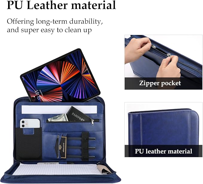ProCase Portfolio Business Padfolio Folder with Zipper -Navy | Conference Meeting Executive File Legal Document Organizer with Pockets Letter Size A8 Writing Pad Notepad Padfolio