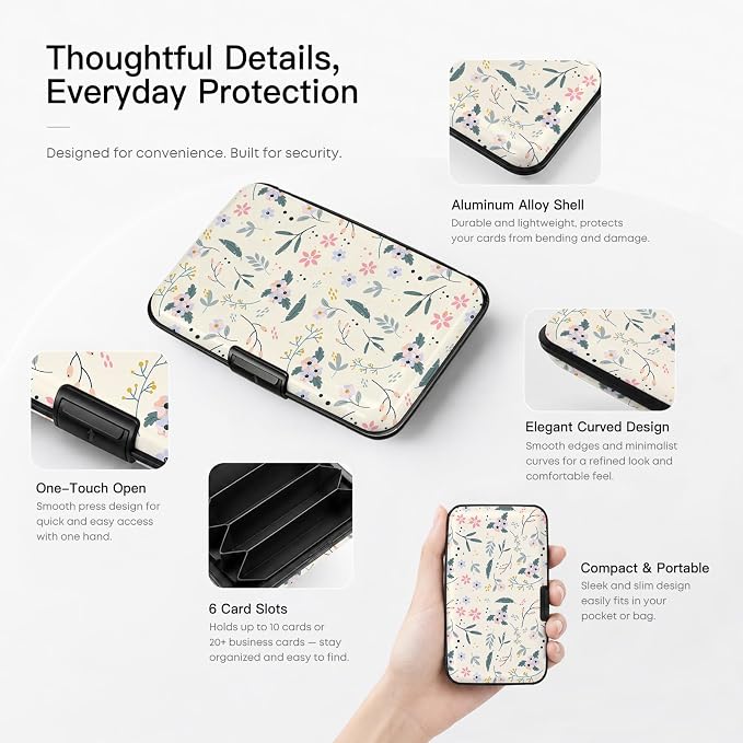 Credit Card Holder RFID Aluminum card case Flowers mini Wallet Women Men | ABS Business ID Case,Hard Case Large Capacity 6 Slots, Waterproof Durable ，Secure Closure Slim Small Credit Card Protector
