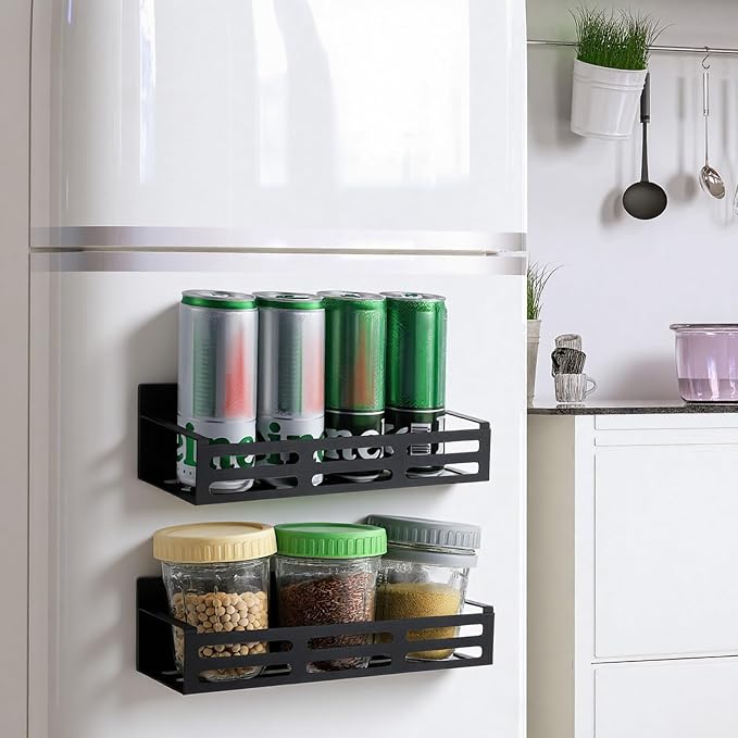 3 Pack Magnetic Spice Rack for Refrigerator with Paper Towel Holder, Black Rustproof Fridge Organizer, Strong Magnetic Kitchen Storage Shelves