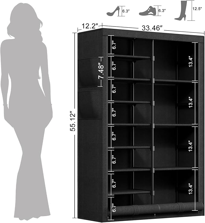 9 Tier Shoe Rack with Cover, Cabinet for 35 Pairs, Black | Holds boots, heels, sneakers. Flat top for bags/plants. Fits narrow corners. No tools, numbered parts, 30-min setup.