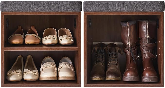 YMYNY Small Shoe Storage Bench with Cushion, Light Walnut, HBD028LW | 2 Tier Entryway Bench with Storage, Small Shoe Rack Bench with Adjustable Shelf for Entryway 11 x 15.3 x 16.5 Inches