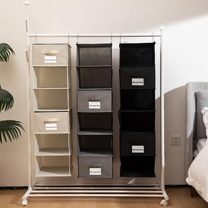 BrilliantJo 2 Pack 6 Shelves Hanging Closet Organizer with 2 Drawer, Hanging Storage with 4 Side Pockets for Clothes Shoes, 43.5"x12"x12"(Beige)