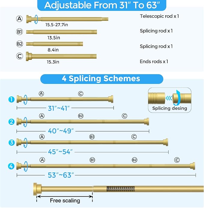 Shower Curtain Rod 31-63 Inch,7/8"Diameter Adjustable Spring Tension Curtain Rods No Drill,Warm Gold Shower Tension Rod for Bathroom,Room Divider,Window,Anti-Rust Non-Slip 1-Pack