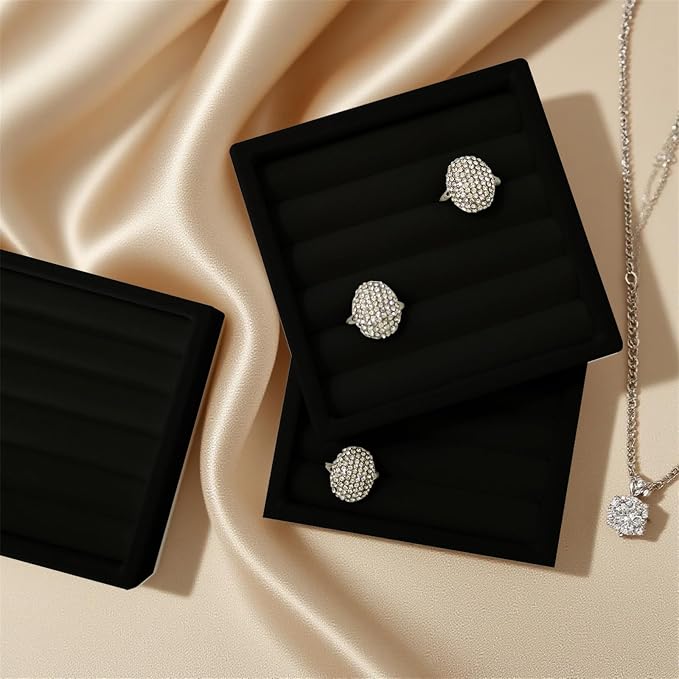 SCIKHETF Velvet Ring Earrings Studs organizer Tray Small Ring Insert Display Tray 5 Slots Stackable (Black)