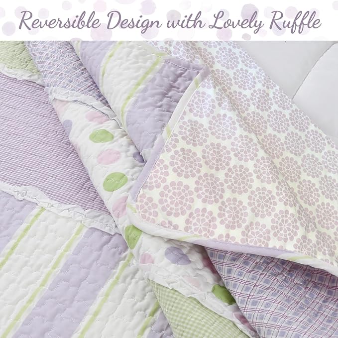 Cozy Line Lavender Green Stripe & Purple Dots Quilt Set – 2-Piece 100% Cotton Reversible All-Season Bedspread with Shams, Girls Kids Bedroom Décor, Twin
