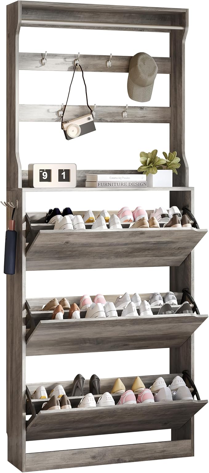 Wodeer Tall Shoe Cabinet with Coat Rack, Hidden Shoe Storage Cabinet with Doors & Drawer, Hanging Bar & Hooks, Slim Narrow Freestanding Shoe Rack Organizer for Entryway, Hallway & Living Room, Grey