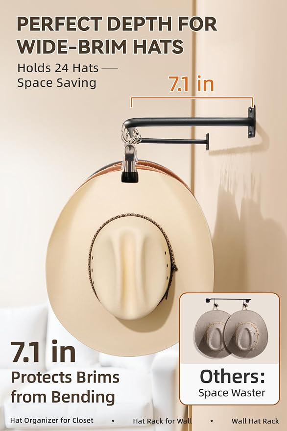 Cowboy Hat Rack for Wall 24 Clips Cowboy Hats Hook Metal Cowboy Hat Hanger | Hat Organizer for Bucket Baseball Caps Sunhat Winter Beanies Fedora Hat Holder on Wall Women Men Closet Black 2 Pcs