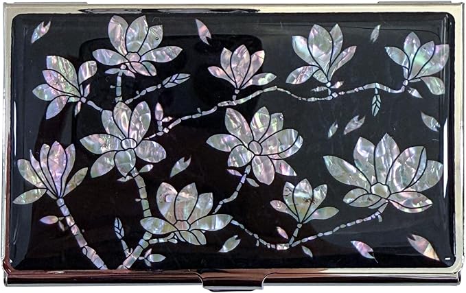 Mother of Pearl Business Card Case Credit Id Name Holder Travel Wallet Art Painting Design Metal Stainless Steel Engraved Slim Purse Pocket Cash Money Wallet (N_Magnolia)