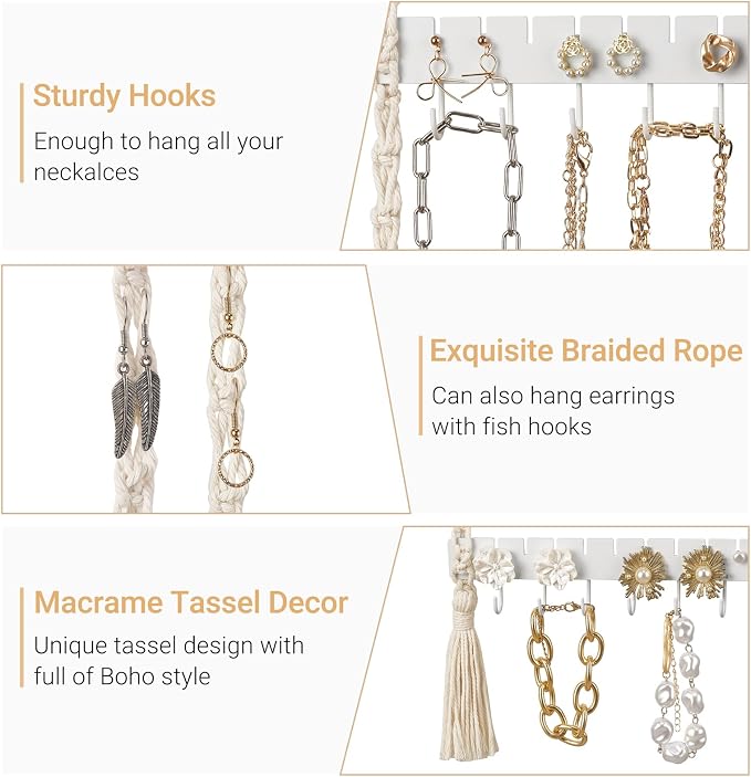 Mkono Hanging Jewelry Organizer Macrame Necklace Holder Wall Mounted Jewelry Hanger Earring Holder Organizer Boho Decor Over Door Jewelry Display Necklace Rack for Necklaces Bracelets Earrings