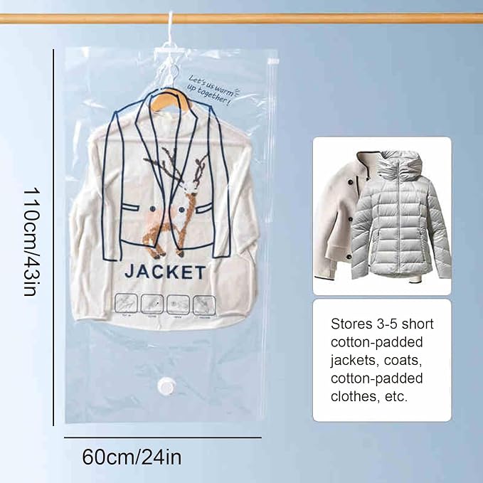 Large Garment Covers, Pack of 5, Vacuum Storage Bag with Electric Pump, Clear Compression Airtight Sealer Bags with Hanging Buckle, Hanging Clothes Storage(110cm/43in)