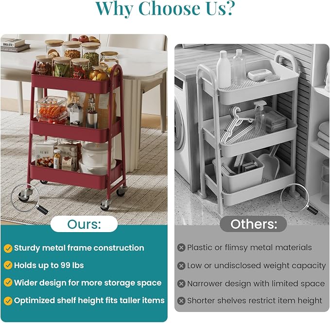 NEWBULIG 3-Tier Metal Rolling Cart with Lockable Wheels, Heavy Duty Mobile Utility Storage Shelf, Roller Book Snack Cart, Organization for Livingroom, Bathroom, Office, Red