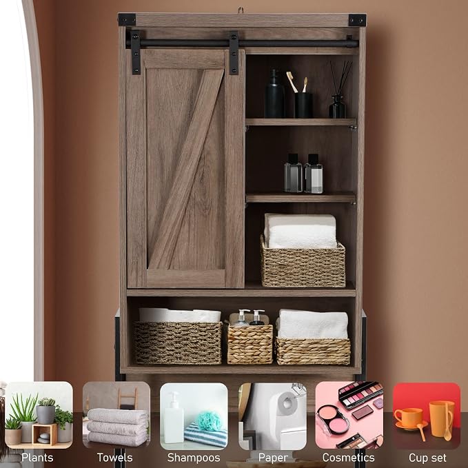 Over Toilet Storage Cabinet with Barn Door & Adjustable Shelves | 24 Inch Wide Bathroom Organizer, Space-Saving, Sturdy Wood, Anti-Tipping, Easy Assembly, for Restroom, Laundry, Small Spaces
