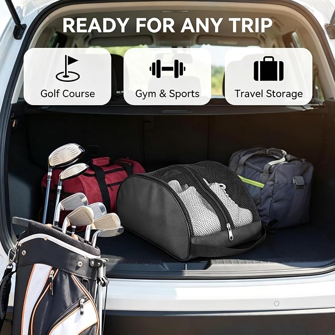 Golf Shoe Bag with Full Top Mesh Ventilation, Zippered Sports Shoe Carrier for Travel, Fits up to Size 13 Men Women (Black)