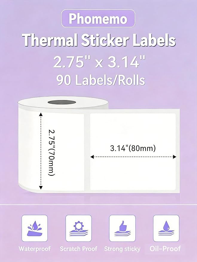 Phomemo Labels- 3 Rolls Thermal Label-M220/M221/M2500/M200/M260 Thermal Paper 2.75'' x 3.14''(70x80mm)- M220 Labels Multi-Purpose Sticker Label for Logo/Barcode/Address Label, Total of 270 PCS