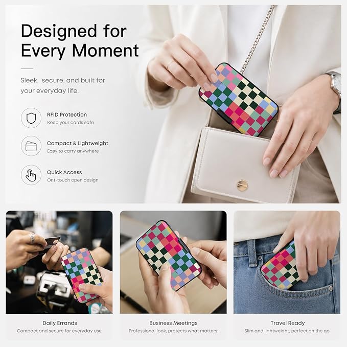 Credit Card Holder Multicolor Checker Mini Aluminum Wallet | Women Men, Slim Design, RFID Blocking, Metal Business ID Case