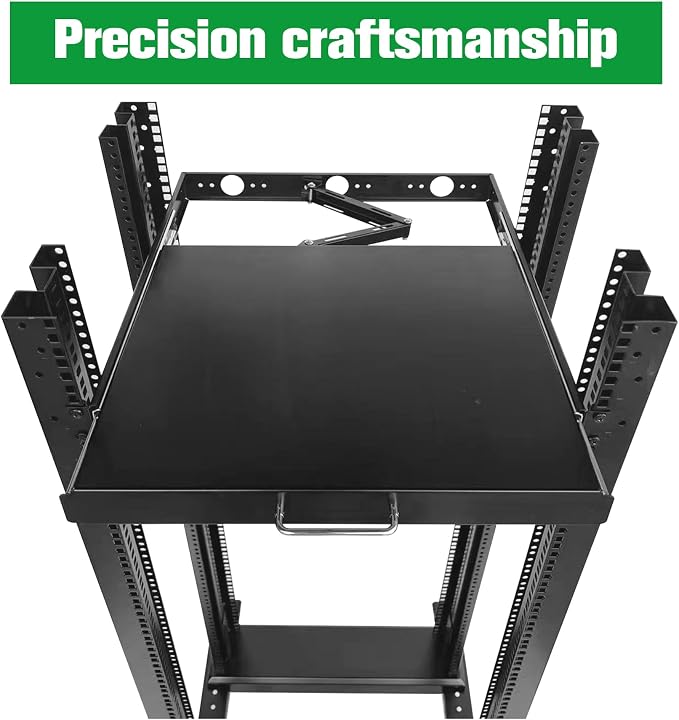 GlobalRack 1U Keyboard Drawer, 18 Depth, Extends to 27.5", Soft-Close | keyboard mount | 1U rack drawer | Soft-close damping | Foldable handle | Built-in cable management | Heavy-gauge stee
