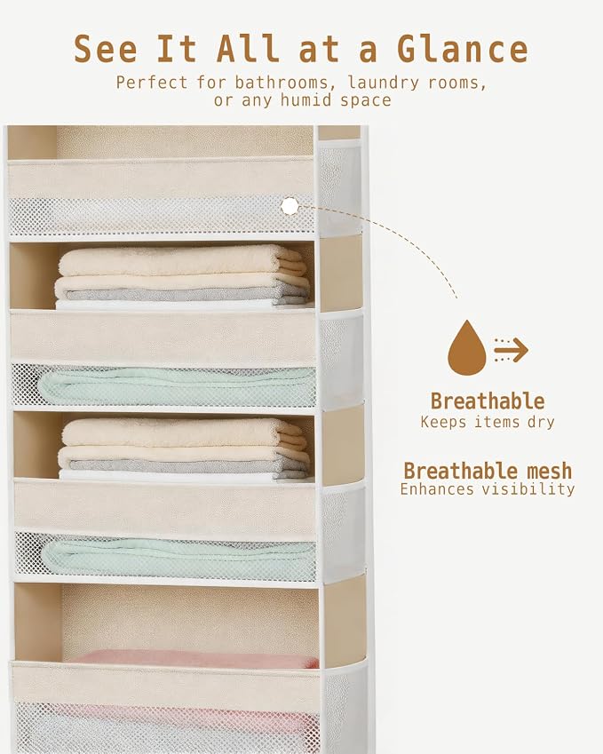 KMSCO Over The Door Organizer, 6 Large Pockets + 13 Mesh Side Pockets, Hanging Storage, 55lbs Capacity, Heavy Duty Non-Woven Fabric for Baby Nursery, Bathroom, Pantry, Closet, Beige, 1 Pack