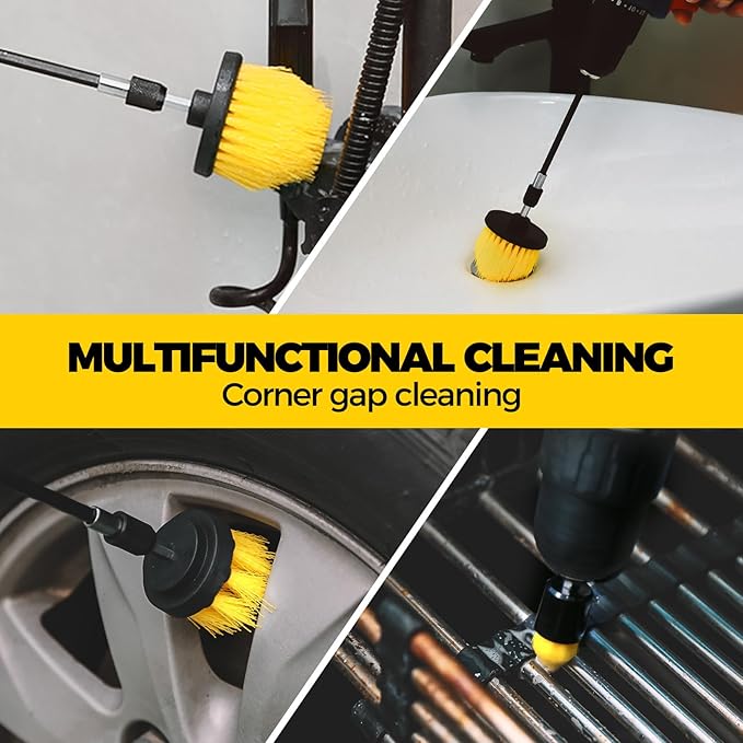 Holikme 5Pack Drill Brush Attachment Set，Power Scrubber Brush Extended Long Attachment for Bathroom Surfaces, Grout, Floors, bathtubs, Showers, Tiles, Kitchens and Cars，Yellow | 4 nylon scrub brushes,yellow,Power scrubber kit for Bathroom Surfaces, Gro...