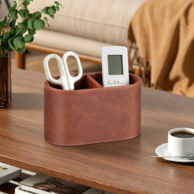 Pen Holder for Desk, Small Remote Control Holder, Brown | 2-Compartment Oval Pencil Cup with Soft Velvet Lining, PU Leather Desktop Organizer Caddy for Home School Office Desk