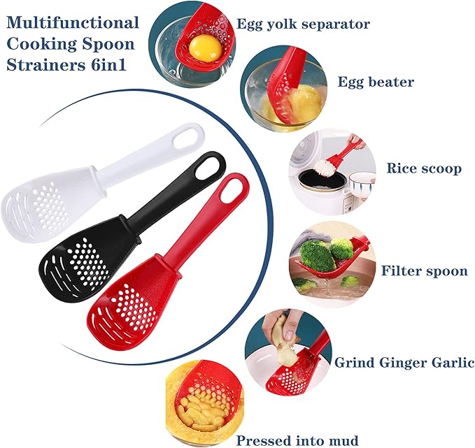 3 Pack Multifunctional Kitchen Cooking Spoon, Muulaii 6 in1 Kitchen Gadgets Strainers for Egg Yolk Separator- Grater Masher- Colander Skimmer Scoop