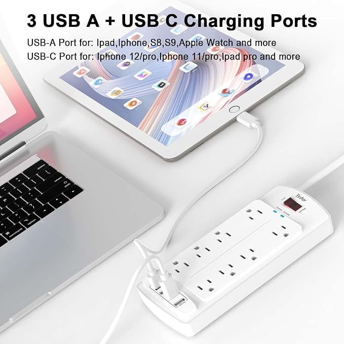 Surge Protector Power Strip, Yintar 10 Feet Flat Plug Extension Cord with 8 AC Outlets and 4 USB Ports, 2700 Joules, ETL Listed, White