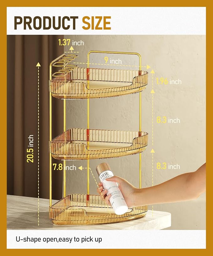 EUHOME 3-Tier Corner Bathroom Counter Organizer Makeup Cosmetic Storage, Tool-Free Installation Acrylic Vanity Shelf, Countertop Storage Organizers Perfume Tray for Bathroom, Dresser, Kitchen (Gold)