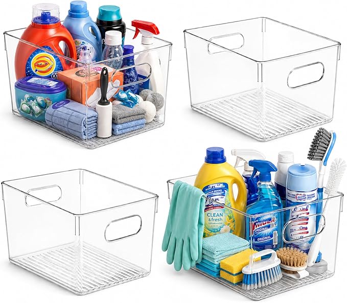 MOONEDGE 4 Pack Extra Large Clear Plastic Storage Bins 13x10x8in Organizers | 16QT Each, Pantry Organizers and Storage, Cabinet Storage, Bathroom, Closet, Under-Sink, Kitchen Shelves, Side Handles, Home
