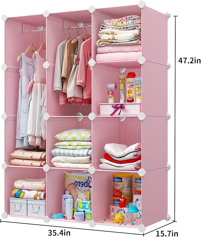 VIPZONE Baby Dresser, Kids Closet Organizers, Portable Kids Wardrobe for Closet, Bedroom, Nursery, Cubby, Cabinet, Clothes, Dress, Baby Storage Shelf, Armoire Clothes Hanging (12 Cube, Pink)