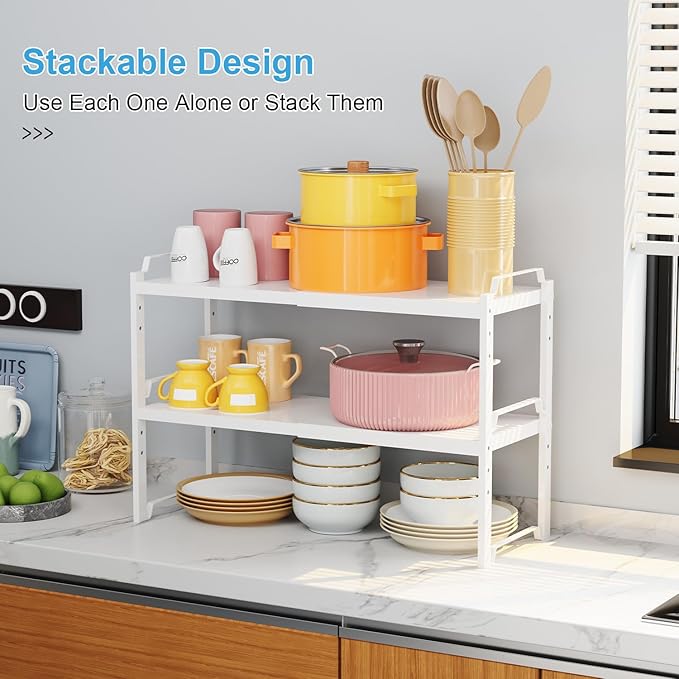 3 Pack Kitchen Cabinet Organizer Shelf, Stackable Expandable Shelves Organizers For Kitchen Cabinet Countertop Storage, Adjustable Counter Cupboard Pantry Organizer Shelf Rack Stand, Length:25.5 Inch